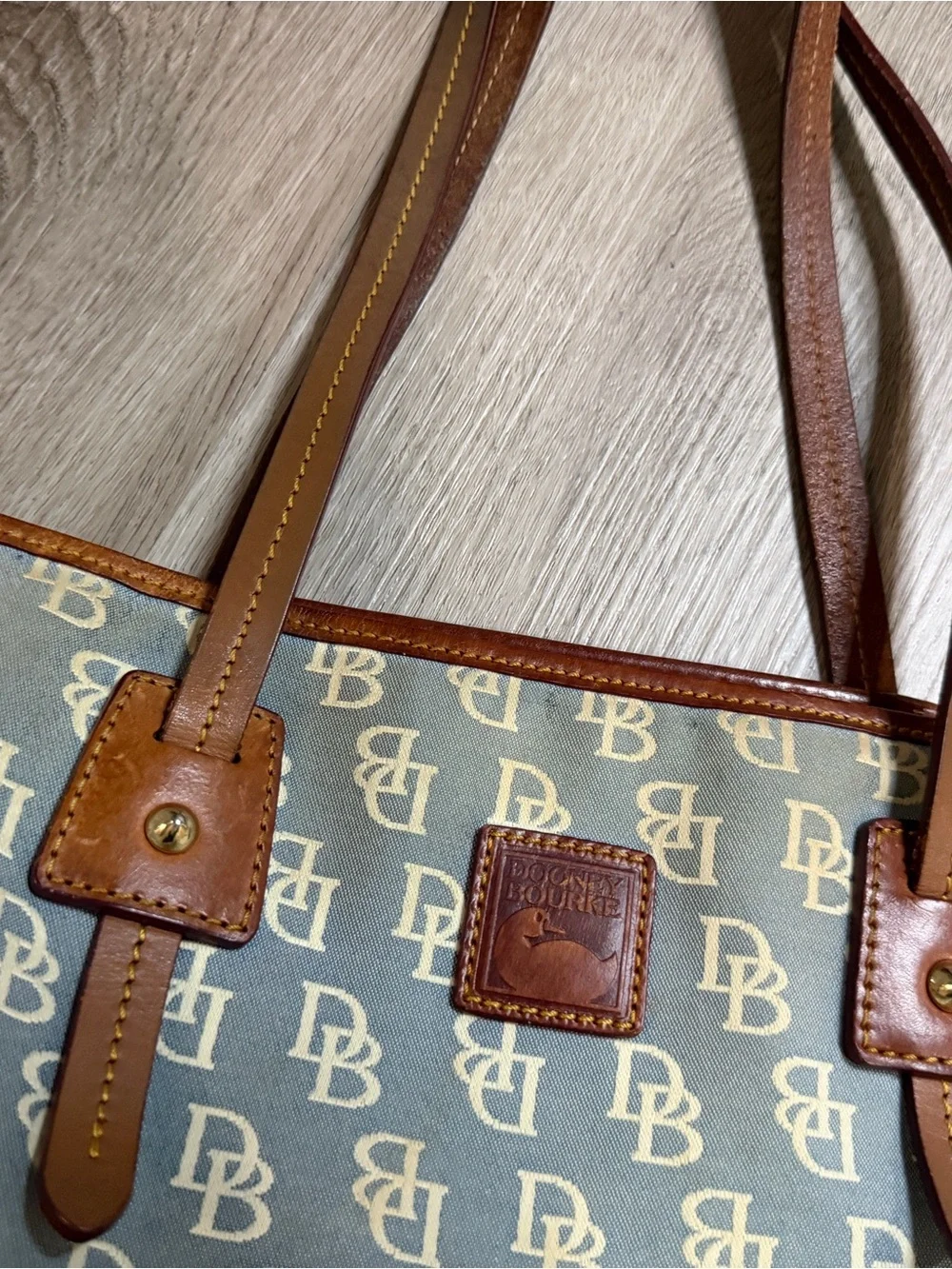 Dooney & Bourke Light Blue Monogram Tote with Brown Leather Trim